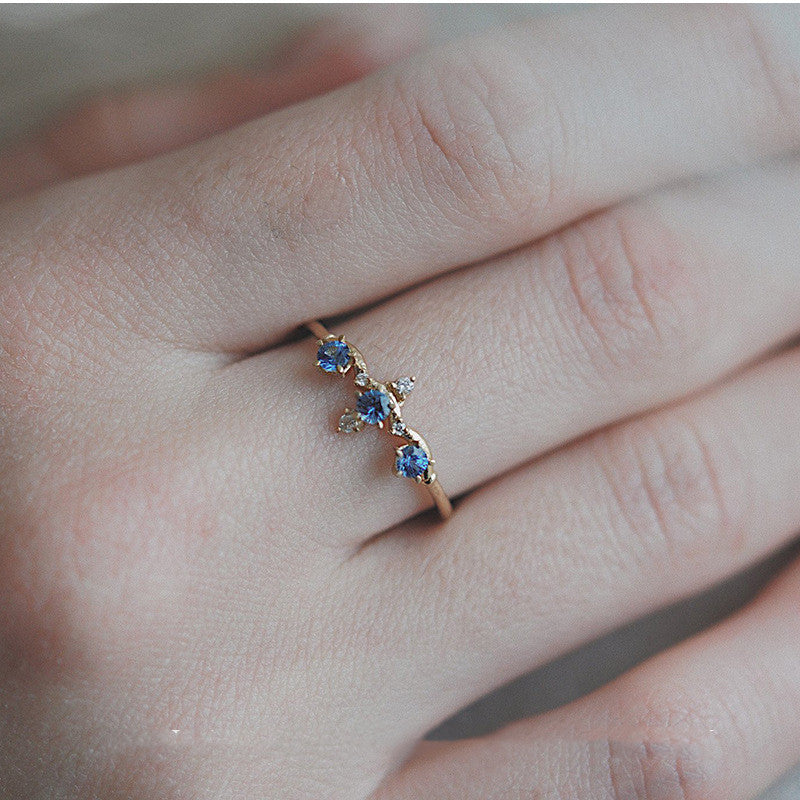 14K Gold Plated 925 Silver Crown Ring with Blue Zircon