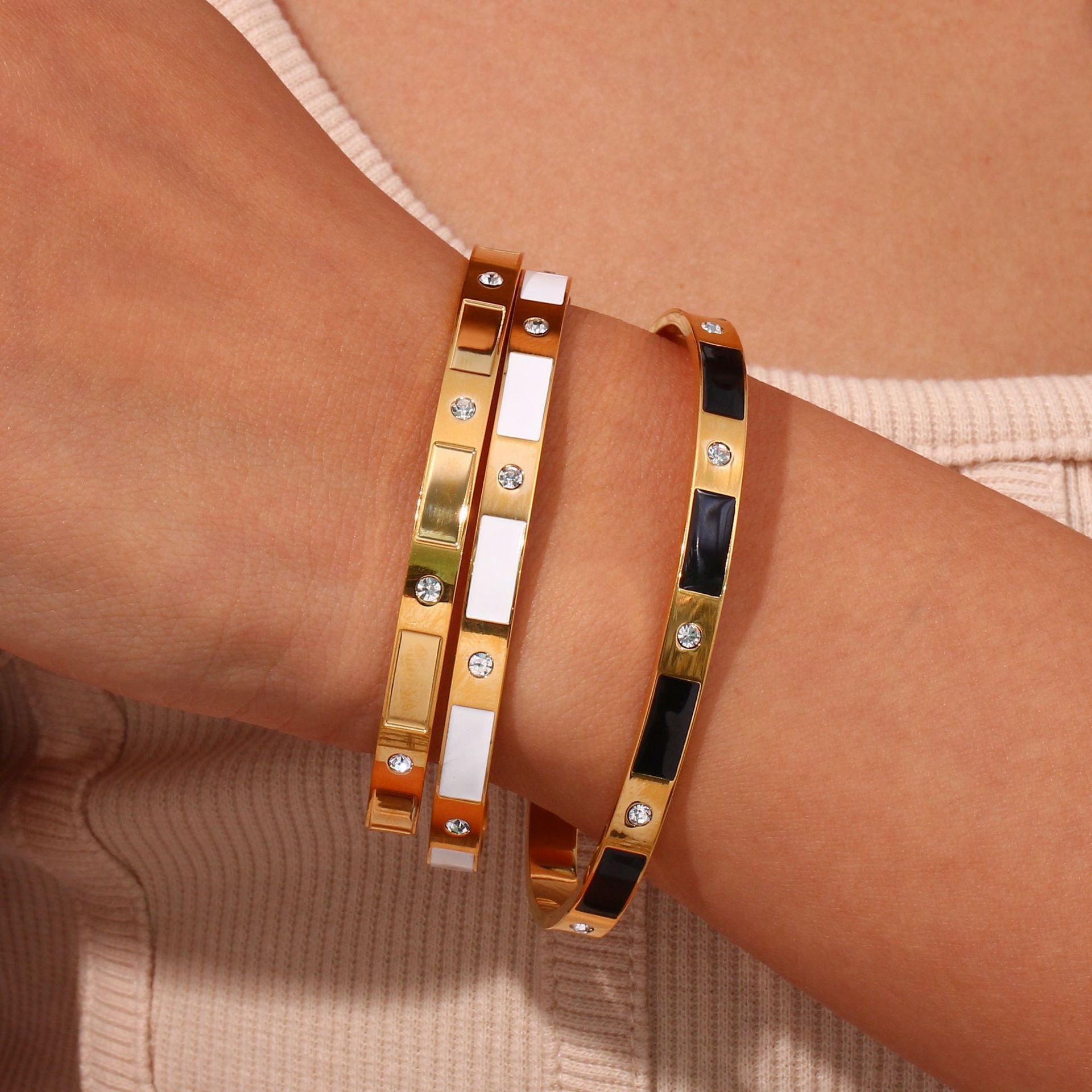 Simple Stainless Steel Rectangle Zircon Opening Bracelet
