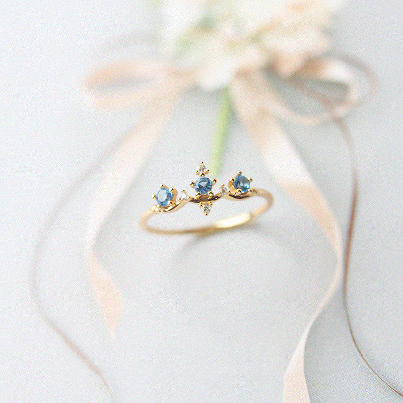 14K Gold Plated 925 Silver Crown Ring with Blue Zircon