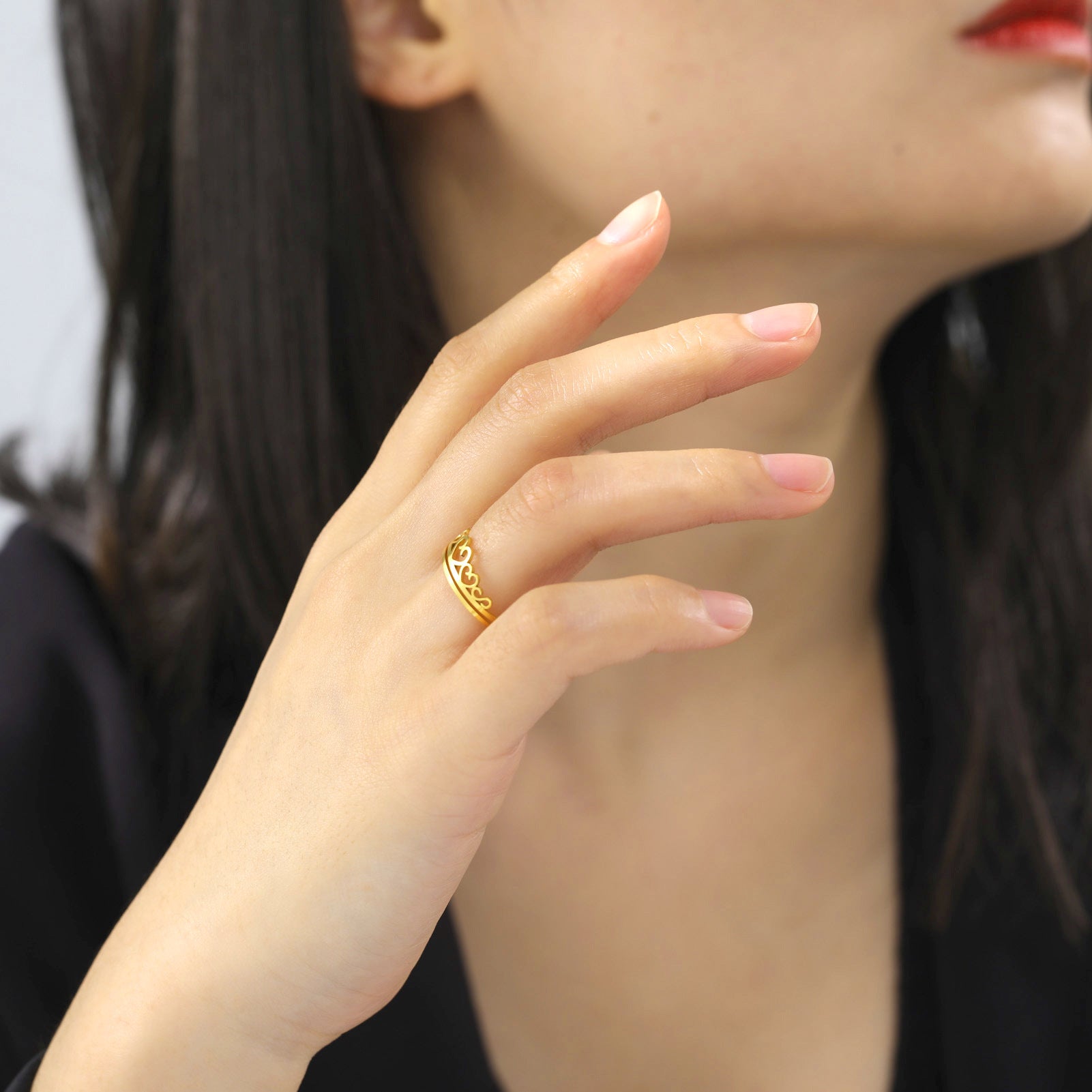 Fashion Double Thin Hollow Heart Titanium Steel Ring